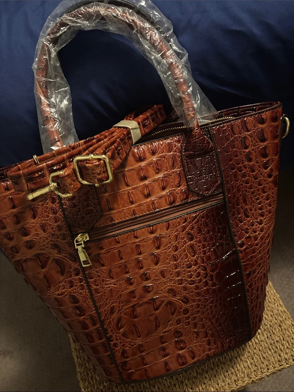 Croc-Embossed Faux Leather Tote Bag with Crossbody Strap in Brown